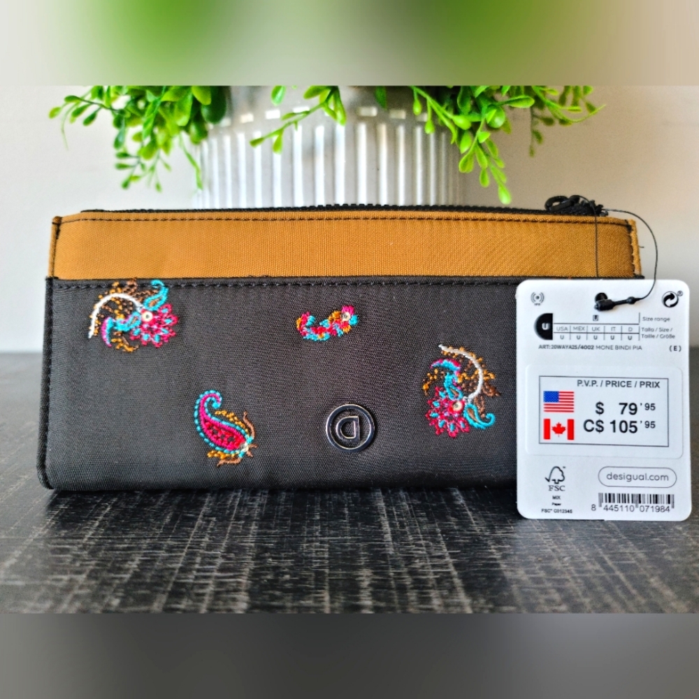 NWT Desigual Black & Brown Embroidered Wallet